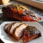 A split image showing a whole roast duck with crispy skin and sliced roast duck revealing pink interior.