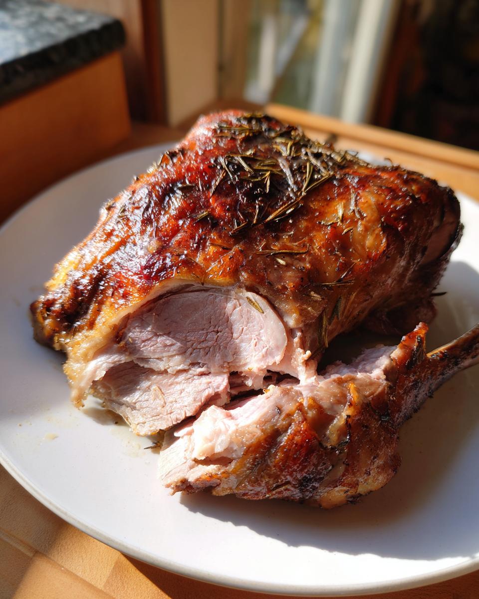 A perfectly cooked roast duck, sliced to show pink interior and crisp, herb-rubbed skin.