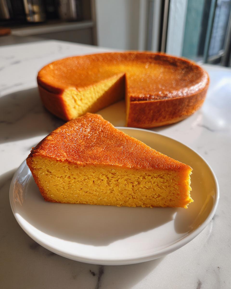 A slice of bright orange, dense crustless pumpkin pie served on a white plate with the rest of the pie in the background.