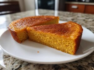 Two slices of bright orange, moist crustless pumpkin pie resting on a white plate.