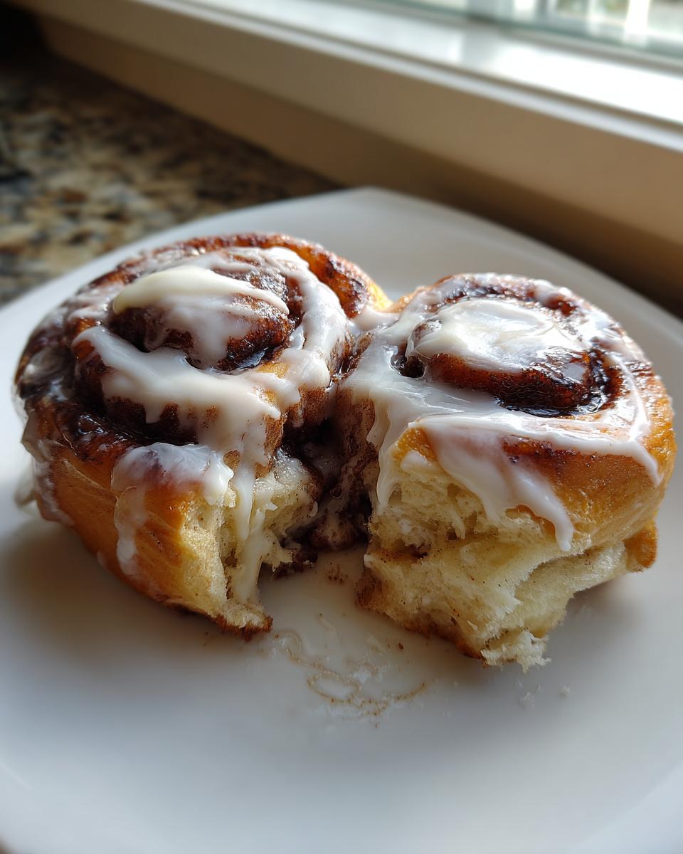 A close-up of a soft, freshly baked cinnamon roll, broken open to show the swirl, topped with white icing.