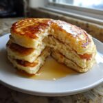 A stack of three fluffy greek yogurt pancakes with a piece cut out, drizzled generously with syrup.