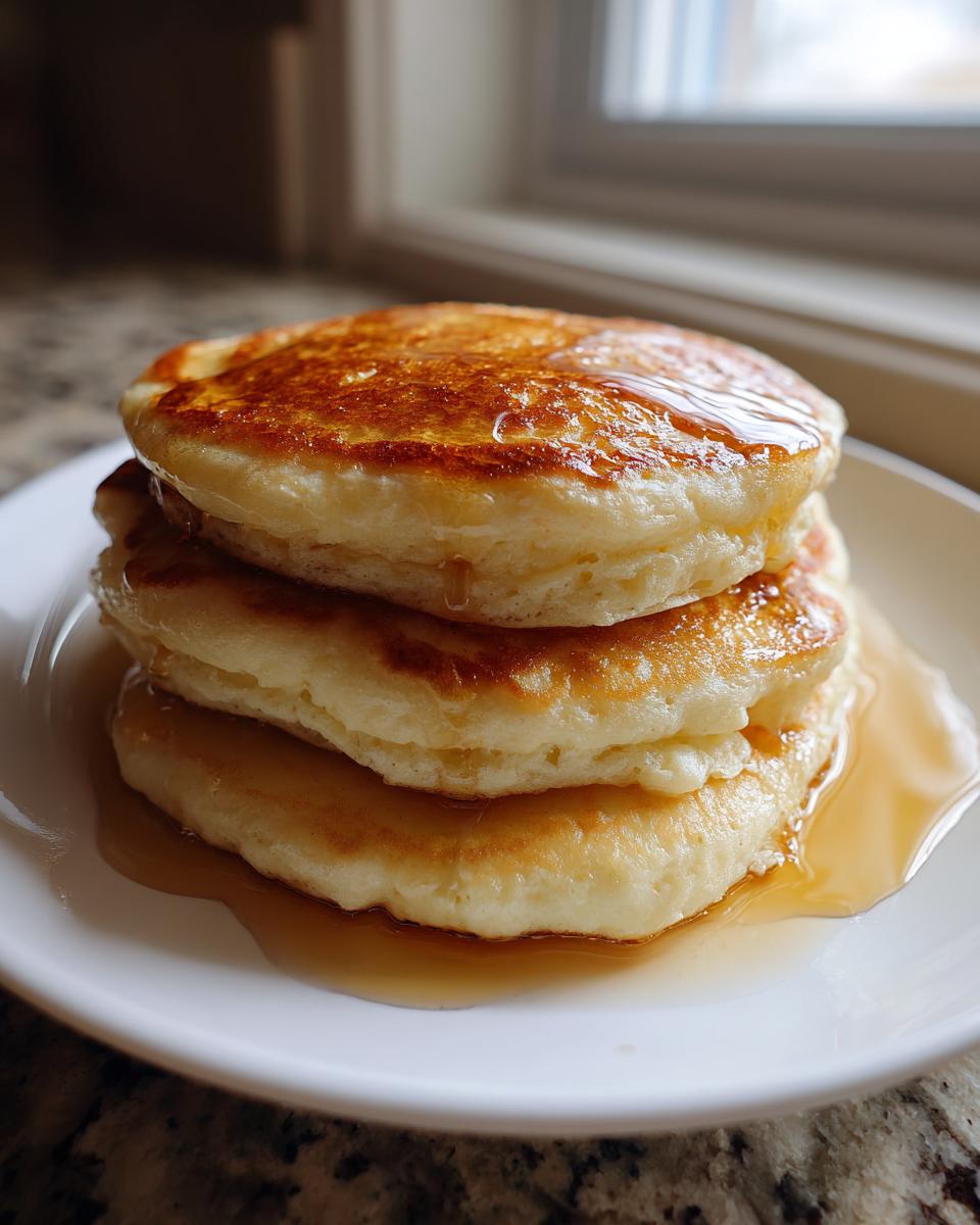 A tall stack of three fluffy greek yogurt pancakes drizzled generously with golden syrup.