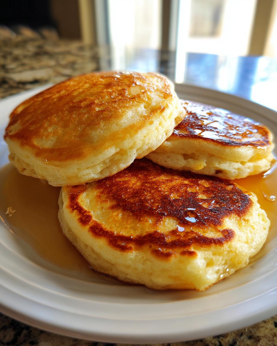 Close-up of three fluffy greek yogurt pancakes stacked on a white plate, drizzled with syrup.