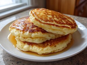 A stack of three thick, fluffy greek yogurt pancakes drizzled with syrup on a white plate.
