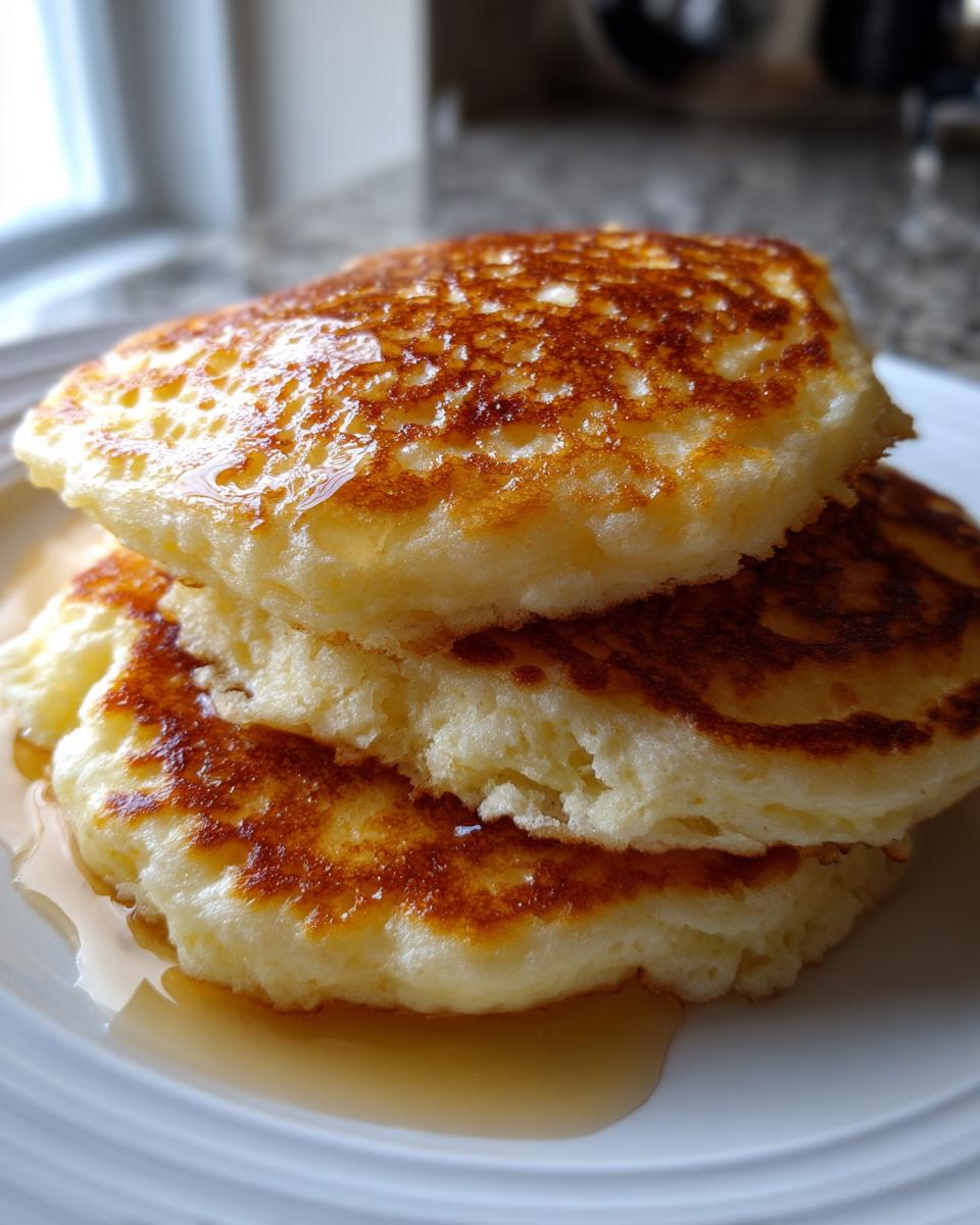 Close-up of a stack of three fluffy greek yogurt pancakes drizzled with syrup on a white plate.