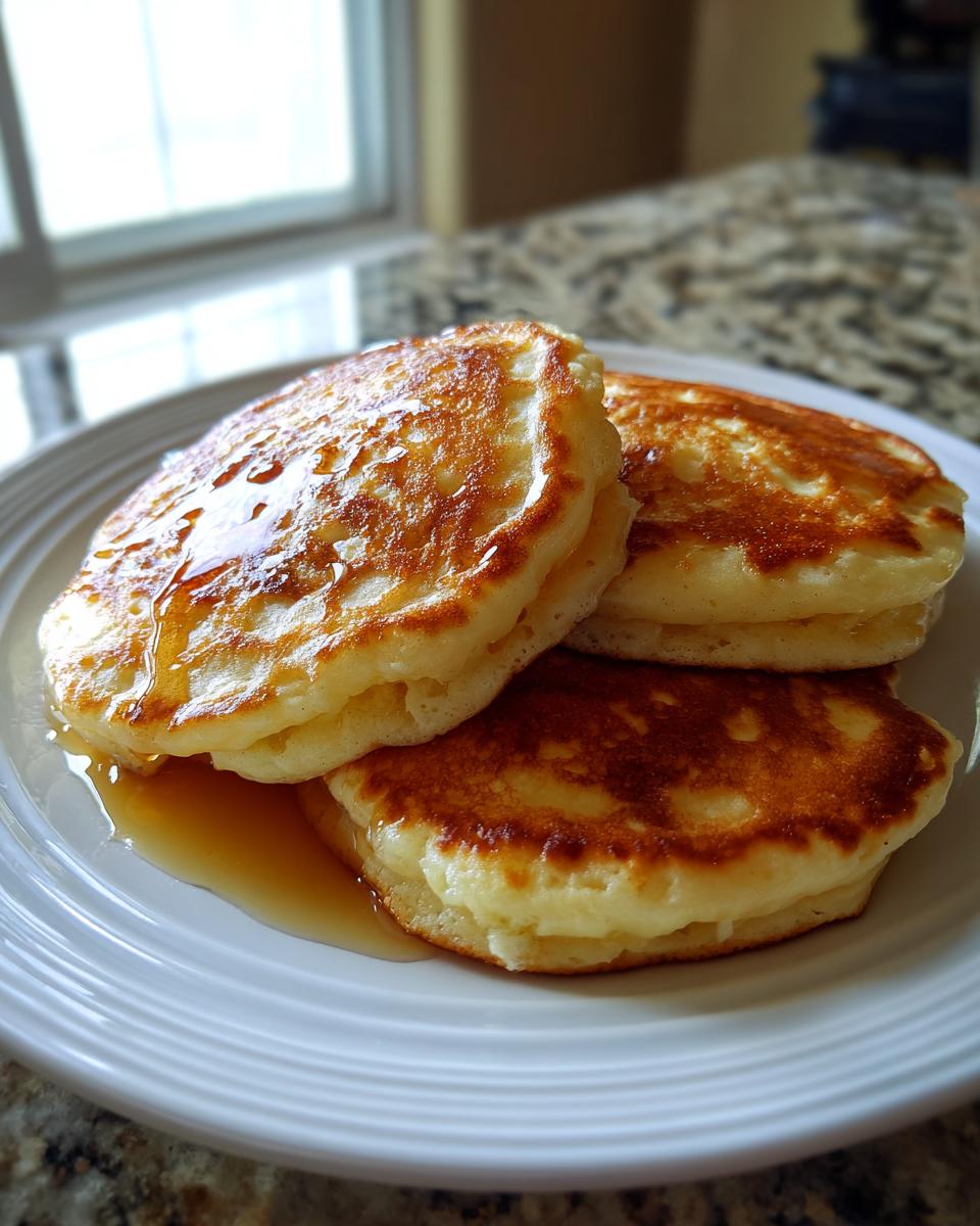 Three fluffy greek yogurt pancakes stacked on a white plate, drizzled with golden syrup.