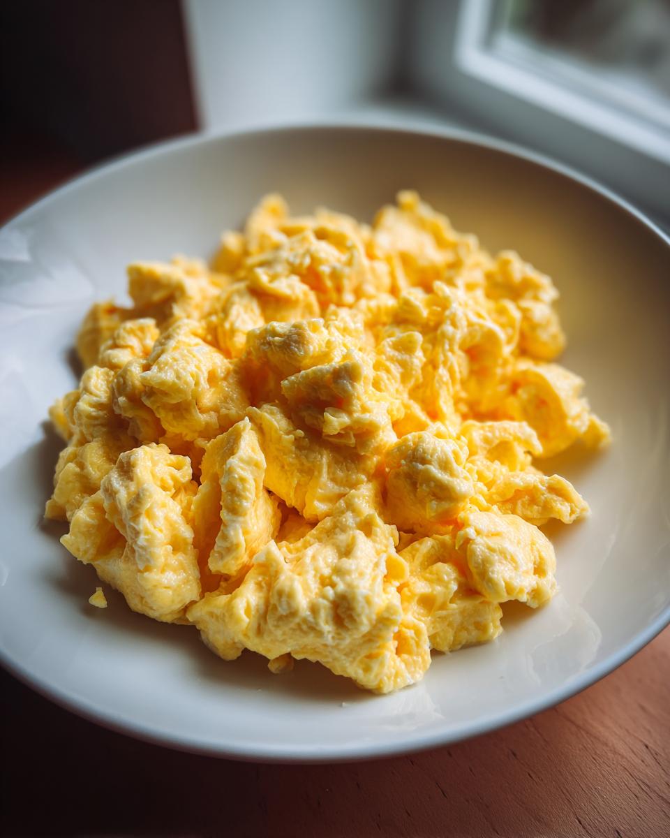 A close-up of perfectly fluffy, bright yellow scrambled eggs served in a simple white bowl.