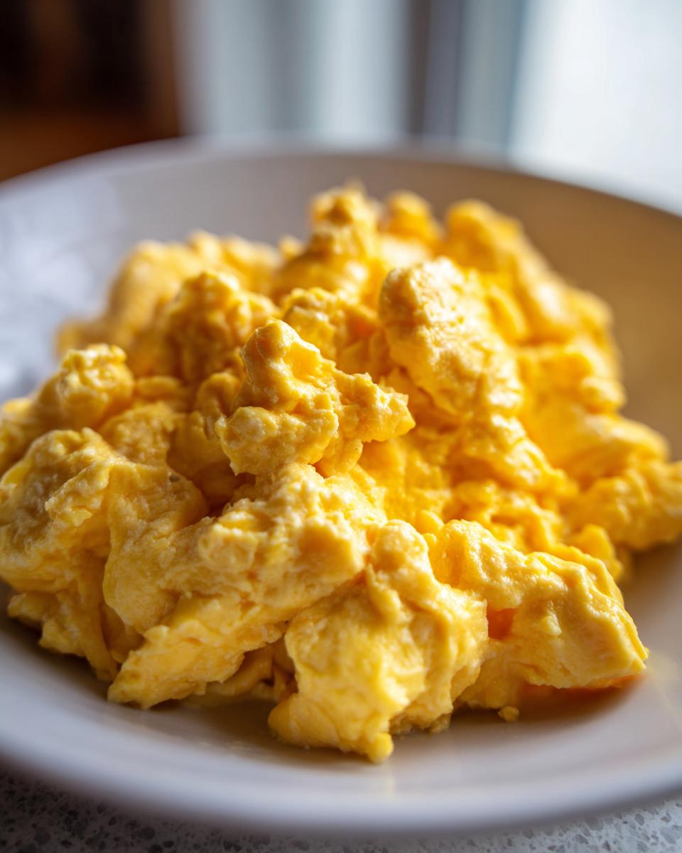 Close-up of fluffy, bright yellow scrambled eggs served in a light-colored bowl.