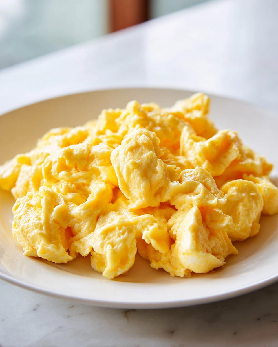 Close-up of perfectly cooked, fluffy scrambled eggs piled high on a white plate.