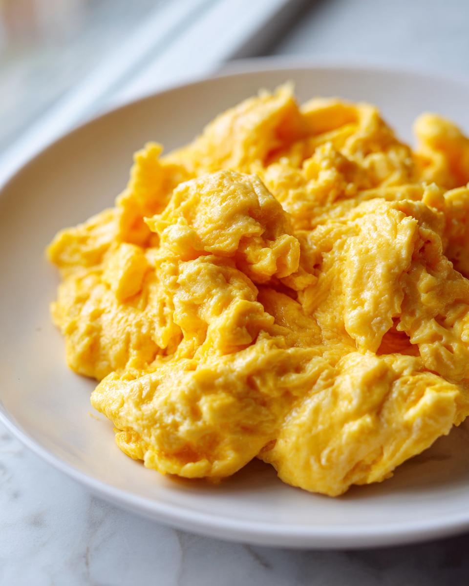 A close-up of perfectly cooked, fluffy, bright yellow scrambled eggs piled high on a white plate.