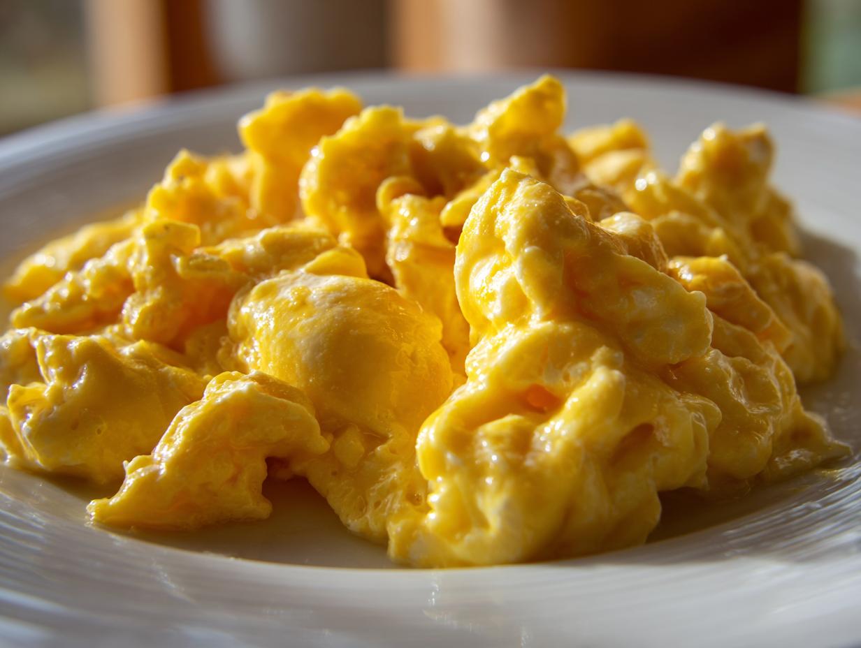 Close-up of bright yellow, fluffy scrambled eggs piled high on a white plate, highlighting their creamy texture.