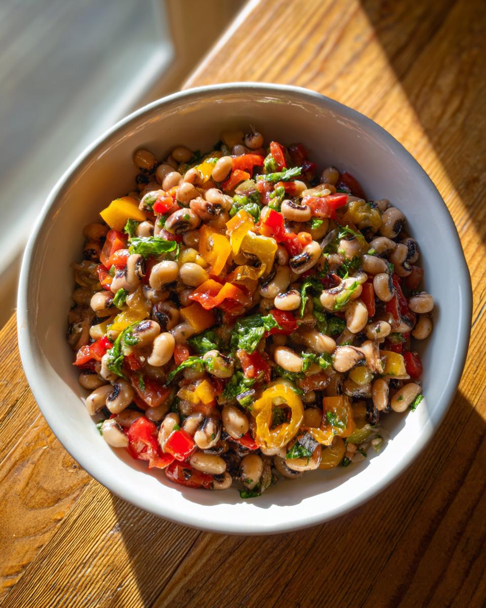 A close-up overhead shot of a white bowl filled with vibrant Black-eyed pea salad mixed with diced red and yellow peppers.