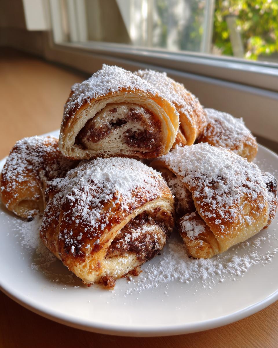A pile of golden brown Rugelach pastries filled with dark filling and heavily dusted with powdered sugar on a white plate.