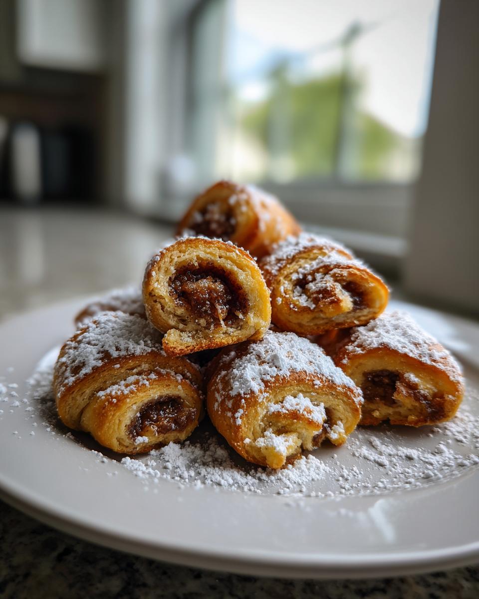 A stack of golden brown, crescent-shaped Rugelach pastries, generously dusted with powdered sugar, on a white plate.