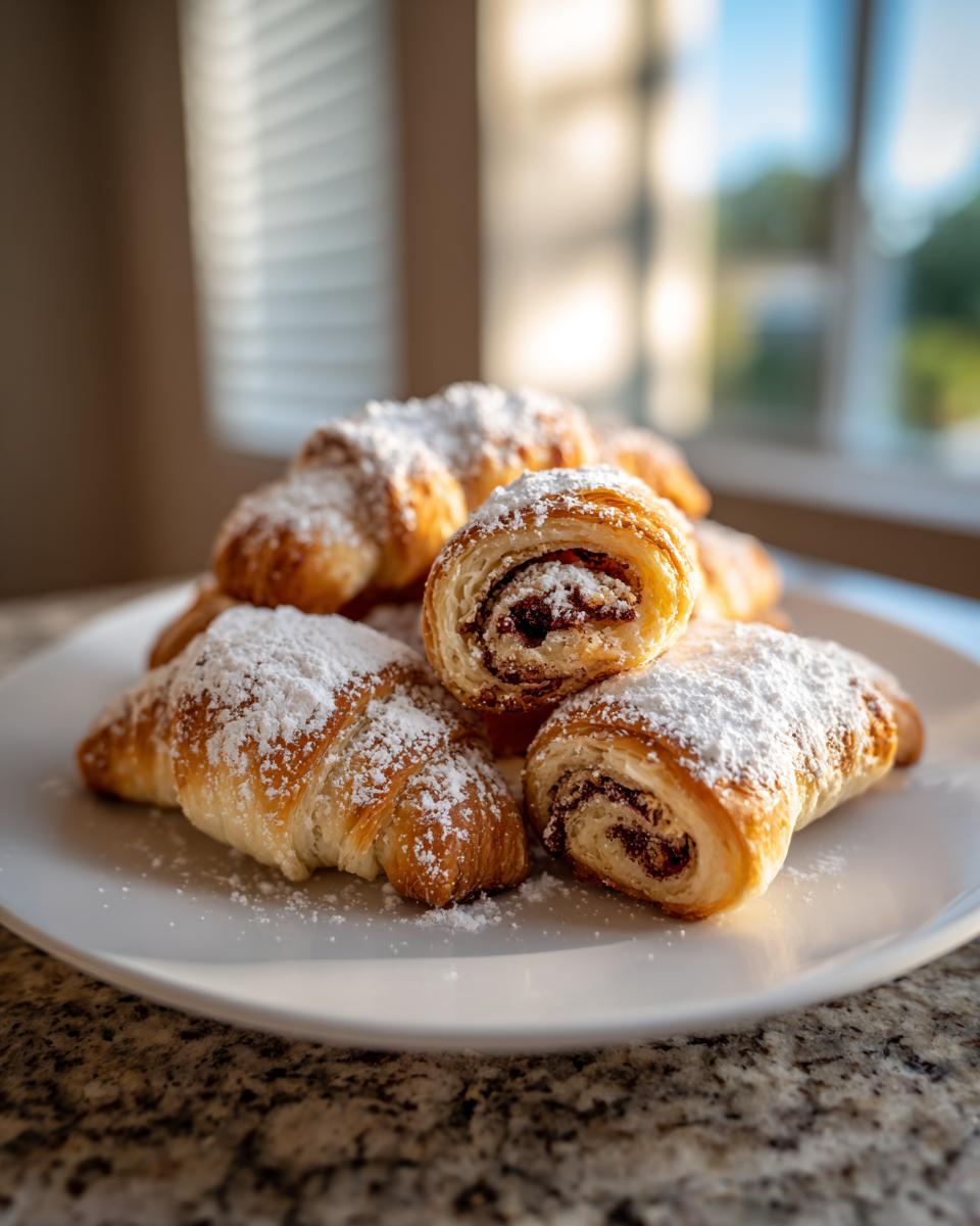 A pile of golden brown Rugelach pastries dusted heavily with powdered sugar on a white plate.