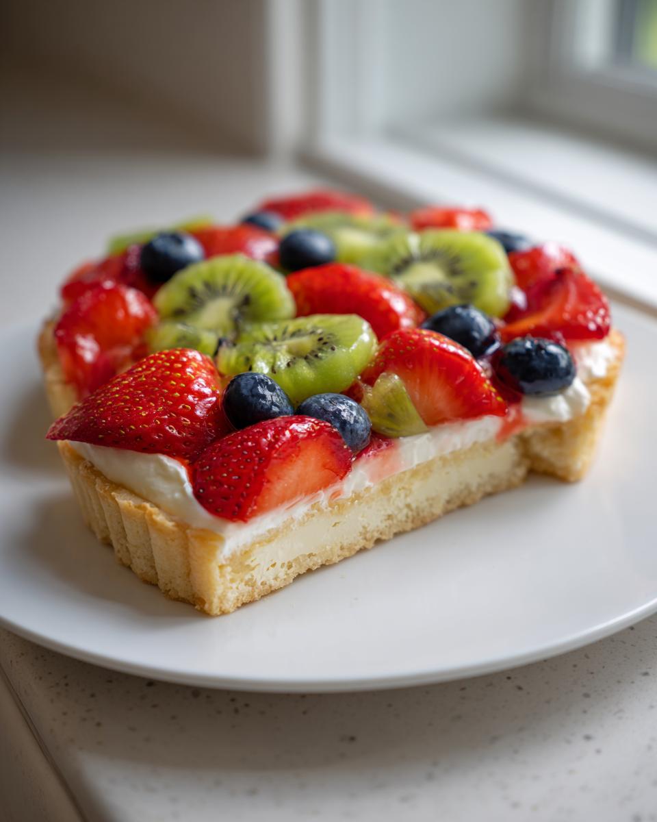 A slice of fruit pizza sugar cookie tart topped with strawberries, kiwi, and blueberries on a white plate.