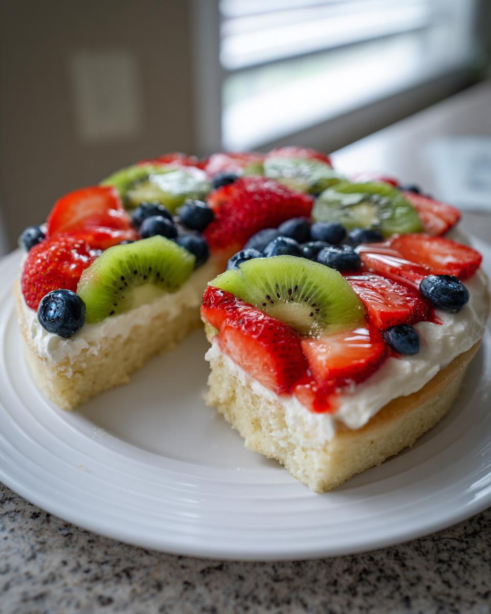 A slice cut from a fruit pizza sugar cookie topped with cream cheese frosting, strawberries, kiwi, and blueberries.