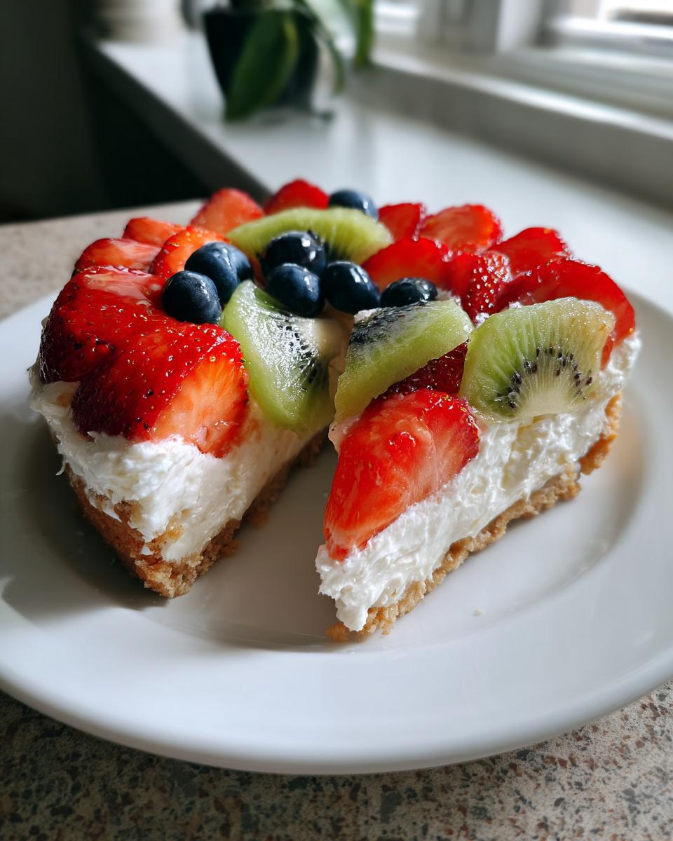 Two slices of a fruit pizza sugar cookie dessert topped with fresh strawberries, kiwi, and blueberries on a white plate.