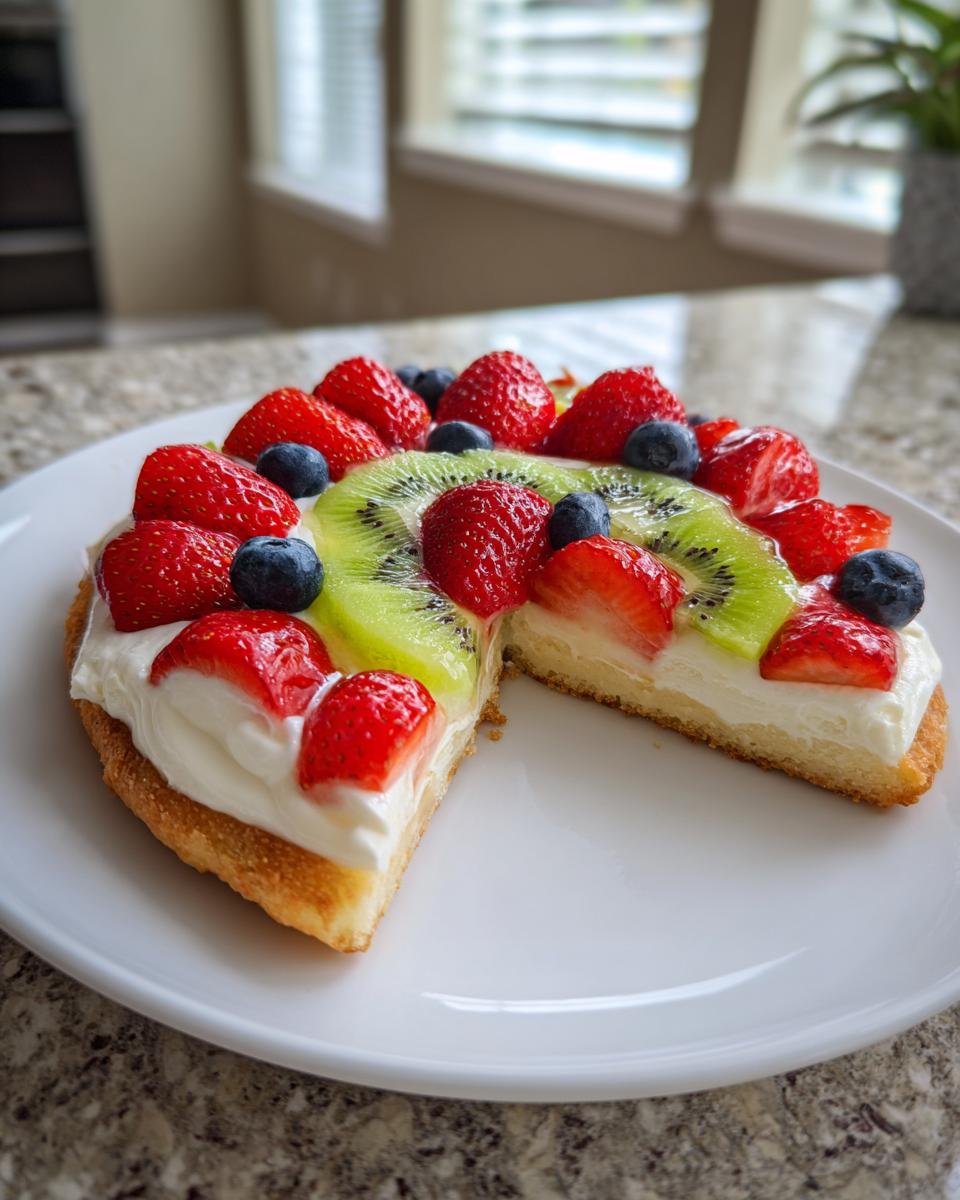 A slice removed from a vibrant fruit pizza sugar cookie topped with cream cheese frosting, strawberries, kiwi, and blueberries.