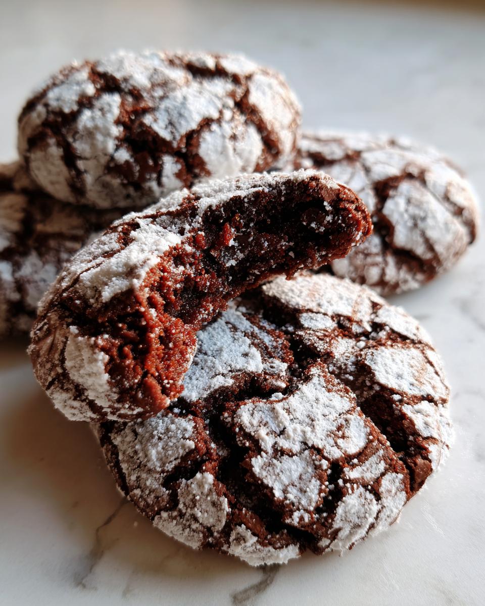 Close-up of fudgy chocolate crinkle cookies dusted heavily with powdered sugar, one cookie is broken open.