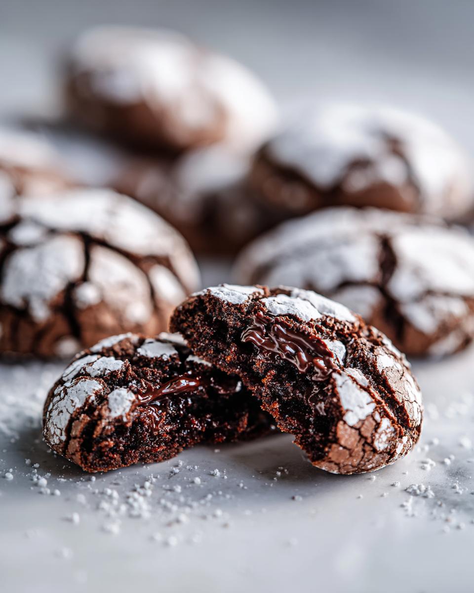 Close-up of fudgy chocolate crinkle cookies, one broken open revealing a molten chocolate center.