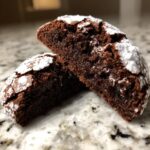 Close-up of a fudgy chocolate crinkle cookie broken in half, showing the rich interior and powdered sugar coating.