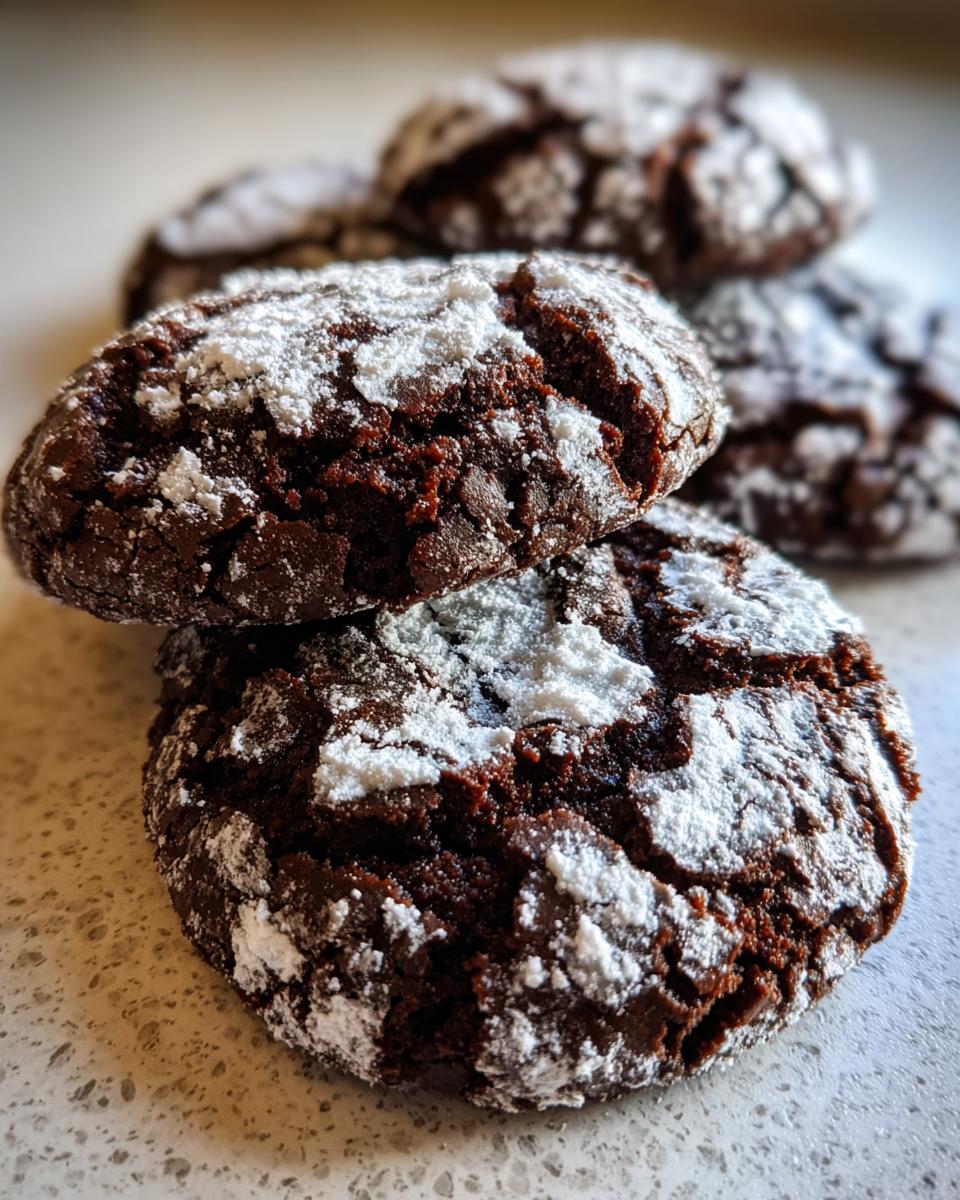 Close-up of fudgy chocolate crinkle cookies generously coated in white powdered sugar.