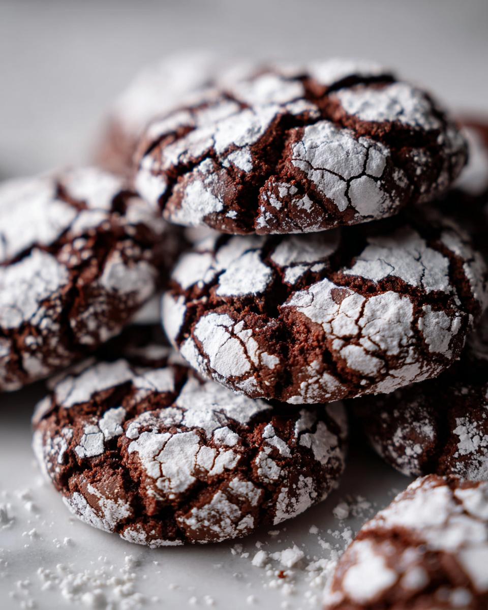 A stack of rich, dark chocolate crinkle cookies heavily dusted with white powdered sugar.