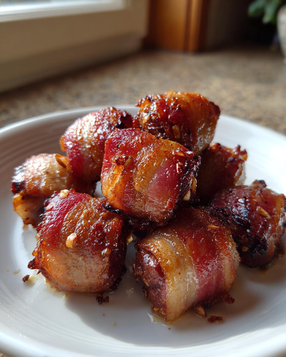 A close-up of several glazed, caramelized bacon-wrapped dates piled on a small white plate.