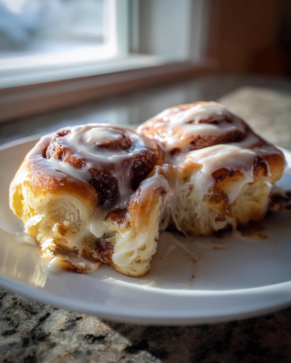 Two freshly baked, gooey cinnamon rolls covered in white icing on a white plate, one partially pulled apart.
