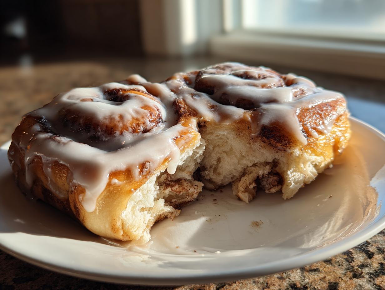 A close-up of a soft, gooey cinnamon roll covered in white icing, with a piece broken off to show the fluffy interior.