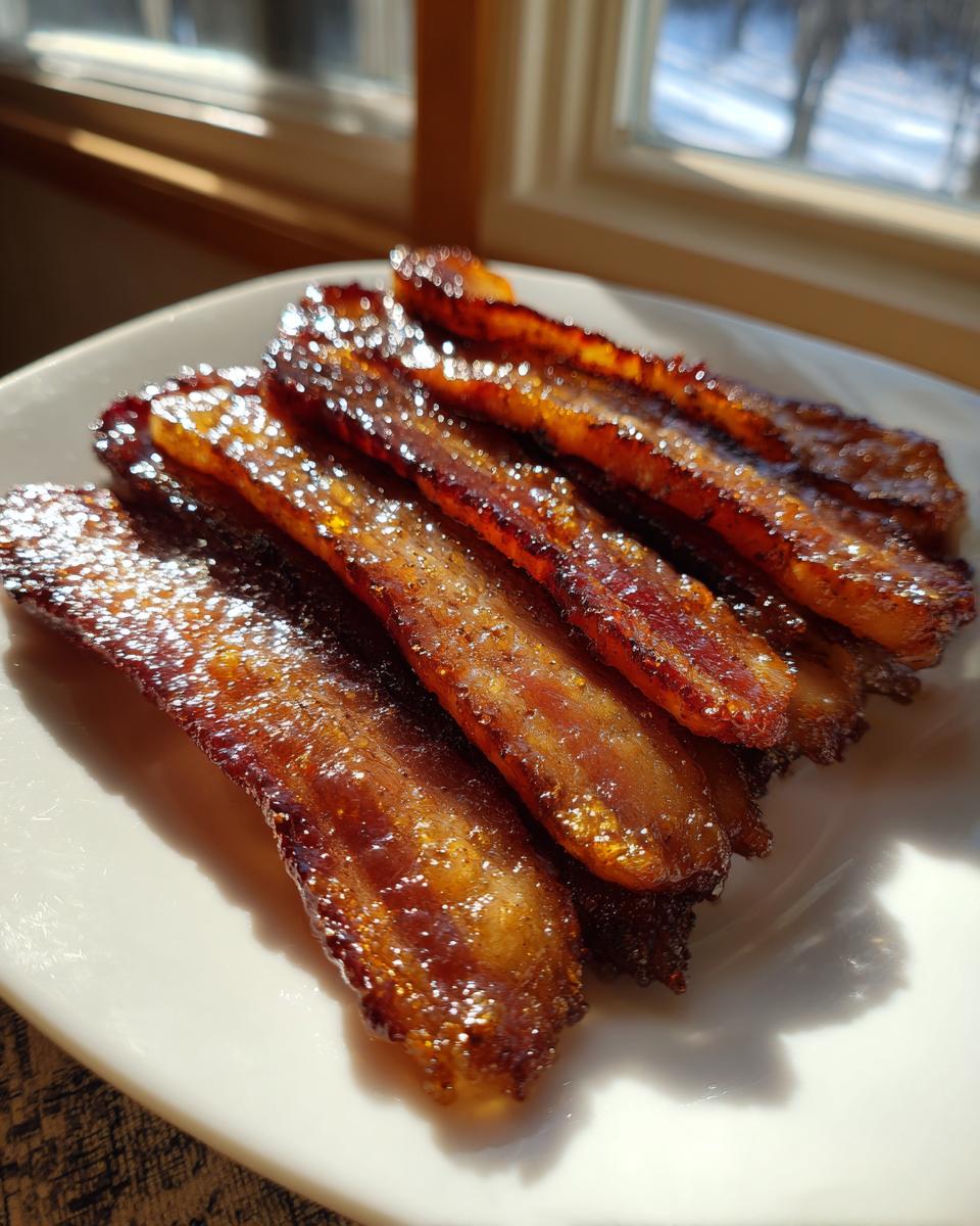 Close-up of several shiny, caramelized strips of Millionaire bacon resting on a white plate near a sunlit window.
