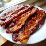 Four strips of shiny, caramelized Millionaire bacon resting on a white plate near a window.