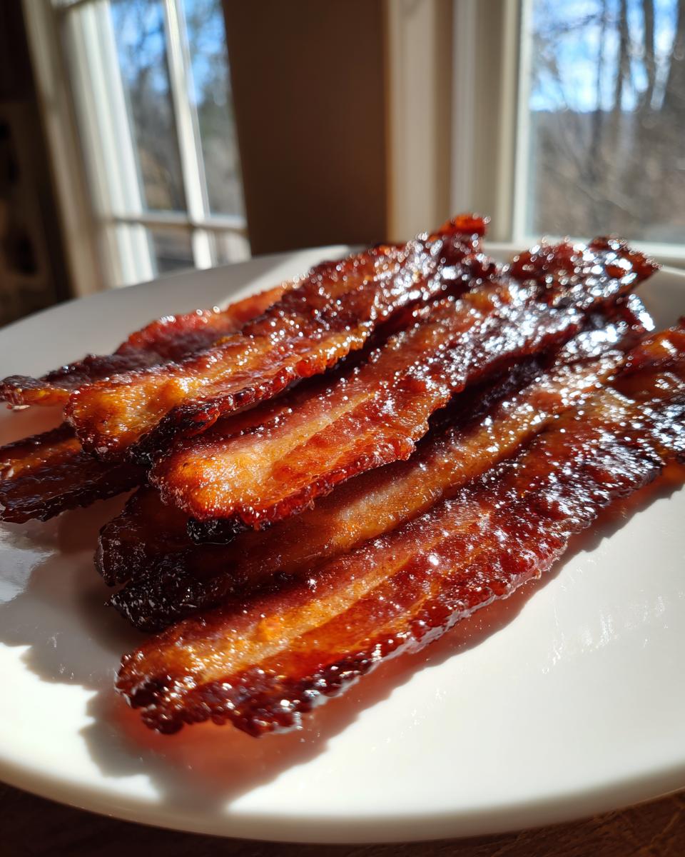 Several glistening, caramelized strips of Millionaire bacon stacked on a white plate, backlit by sunlight.