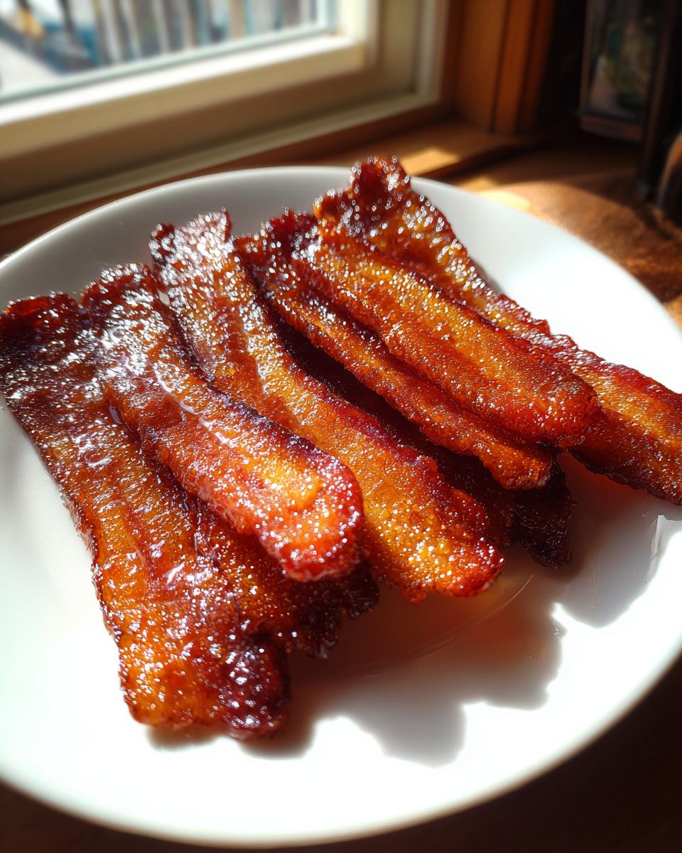 Several glistening, candied strips of Millionaire bacon piled on a white plate near a sunny window.