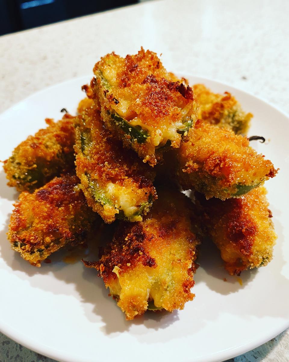 A pile of crispy, golden-brown fried jalapeño poppers stuffed with melted cheese on a white plate.
