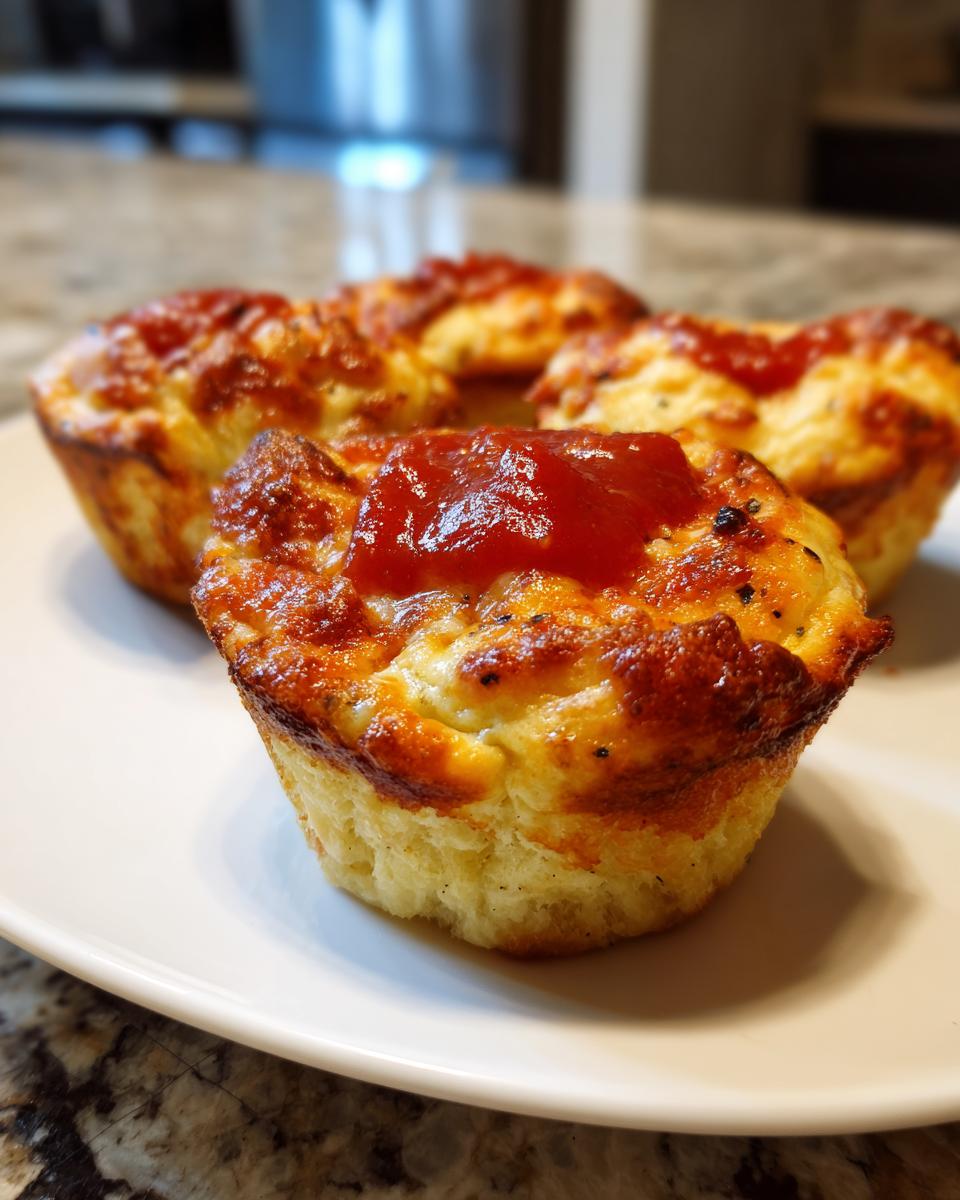 Four golden brown pizza muffins on a white plate, one topped with a dollop of red pizza sauce.