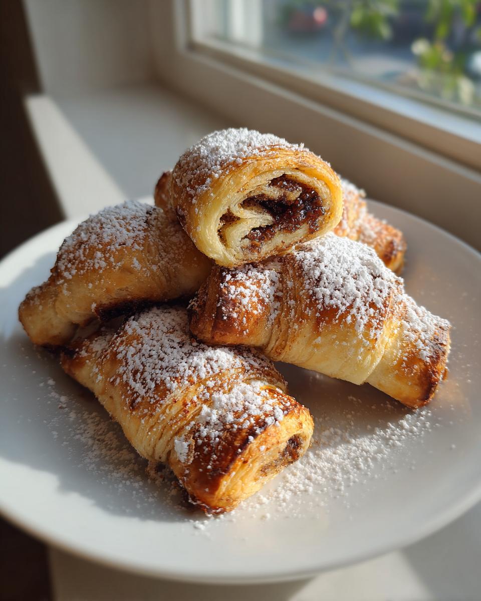 A stack of freshly baked Rugelach pastries dusted heavily with powdered sugar on a white plate.