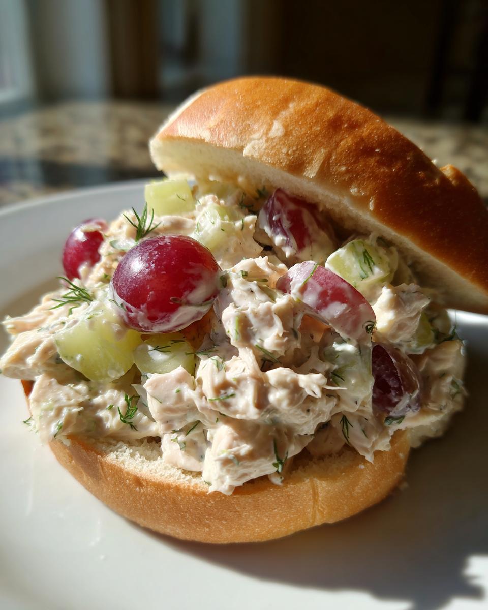 Close-up of a rich chicken salad sandwich filling featuring chicken, red grapes, and cucumber on a soft roll.