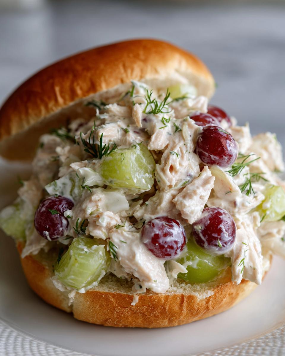 Close-up of a generous chicken salad sandwich filling with shredded chicken, red and green grapes, and fresh dill on a brioche bun.
