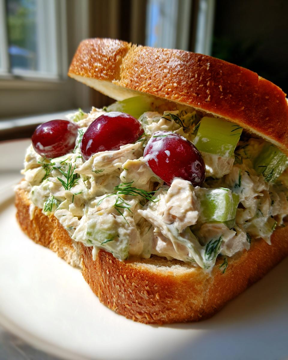 A close-up of an open-faced chicken salad sandwich piled high with creamy filling, celery, and topped with red grapes.