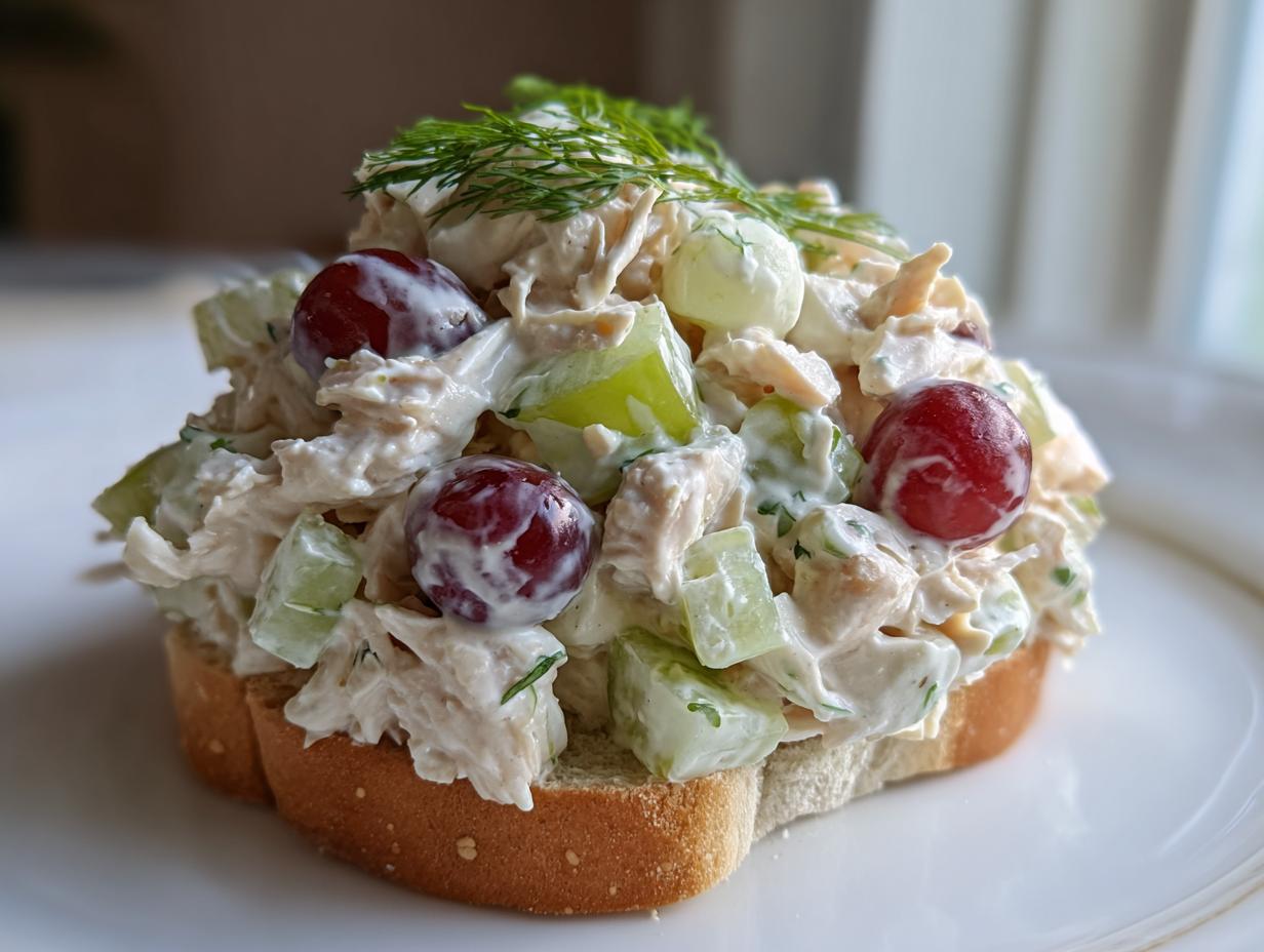 A generous scoop of creamy chicken salad sandwich filling topped with red grapes, celery, and dill on bread.