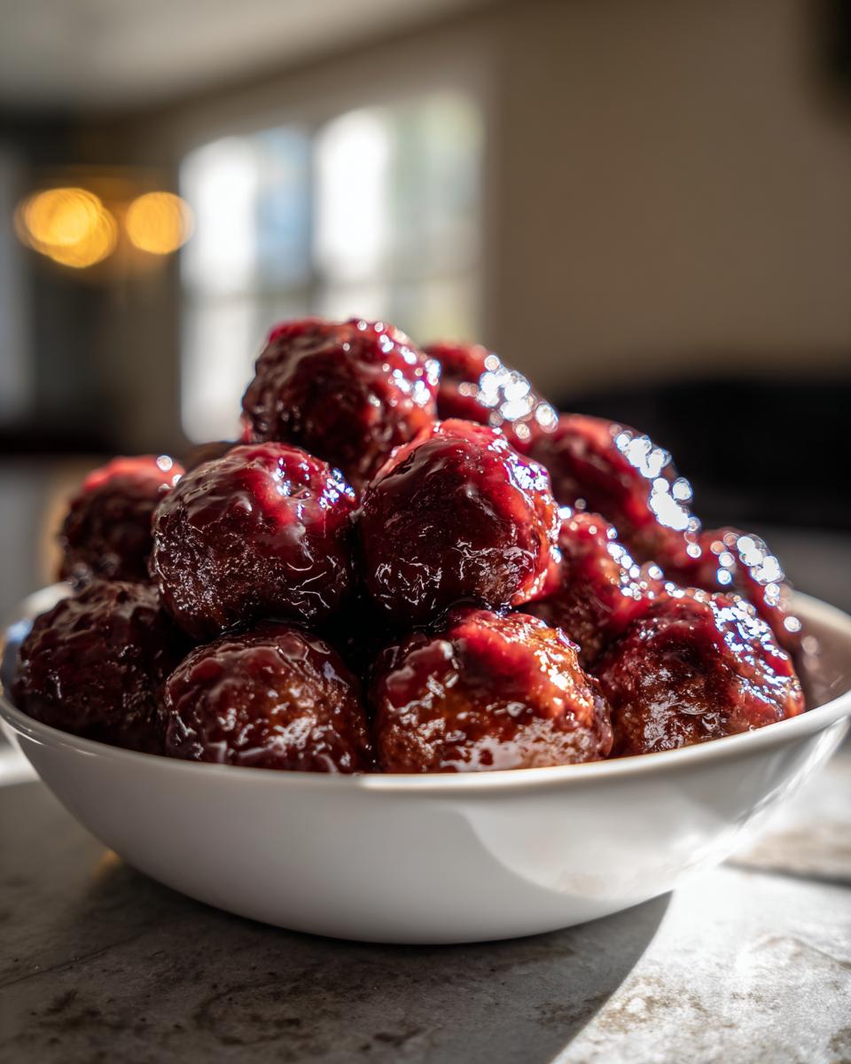 Close-up of a white bowl piled high with shiny, saucy grape jelly meatballs.