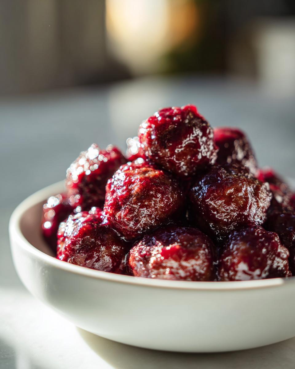 A close-up of glossy, dark red grape jelly meatballs piled high in a small white serving bowl.