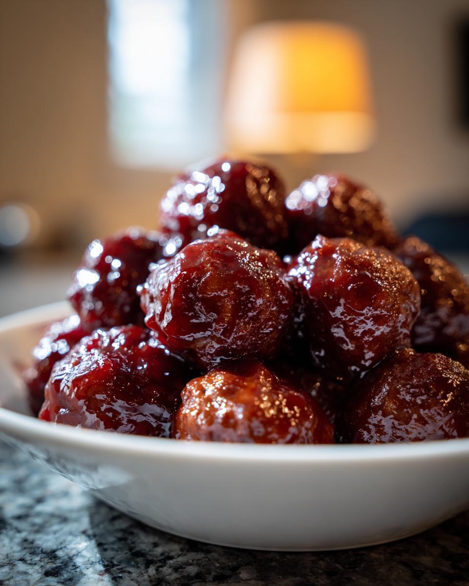 Close-up of shiny, saucy grape jelly meatballs piled high in a white serving bowl.