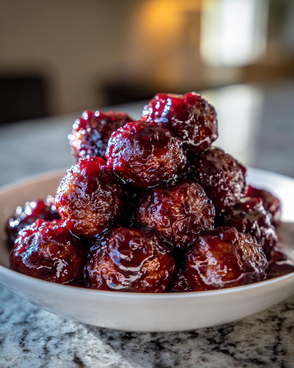 Close-up of a pile of glistening Grape Jelly Meatballs coated in a rich, dark red sauce in a white serving bowl.