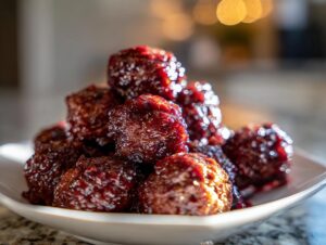 Close-up of a pile of glistening Grape Jelly Meatballs coated in a dark, sweet sauce, served in a white dish.