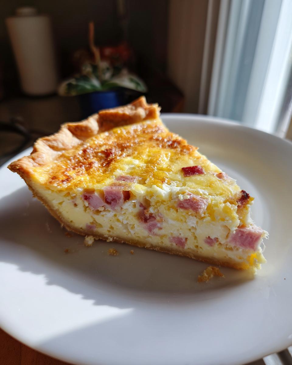 A close-up shot of a golden-brown slice of Ham and Cheese Quiche resting on a white plate, featuring visible chunks of ham.