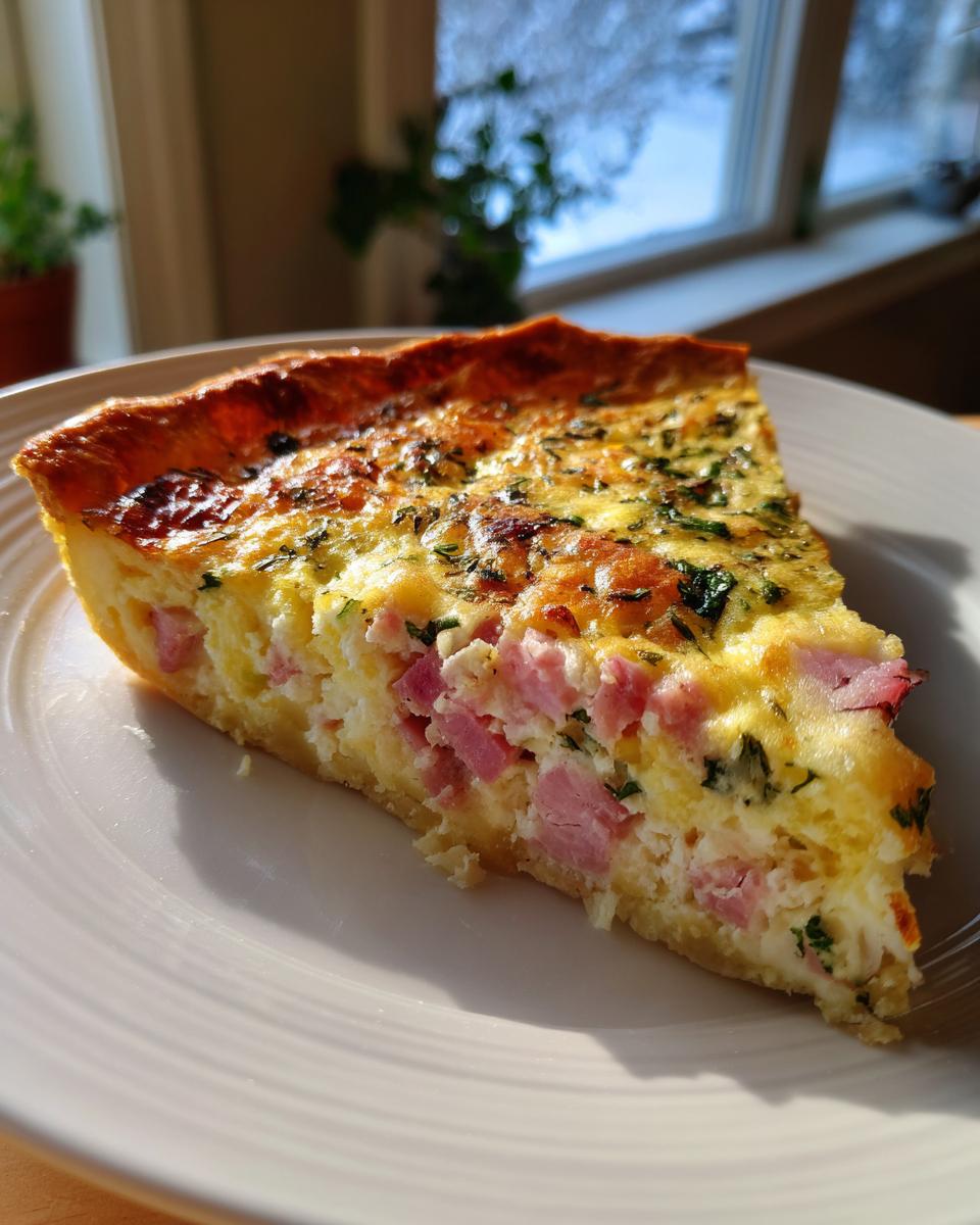 A close-up slice of Ham and Cheese Quiche showing chunks of ham, egg custard, and herbs on a white plate.